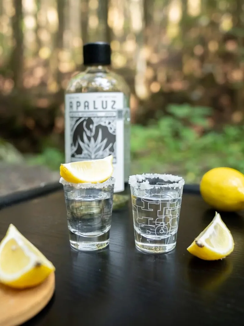 透明小酒杯與瓶裝飲品放在戶外桌面