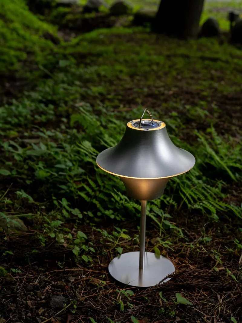 銀色 ECHO LAMP 立在佈滿青苔的林地上