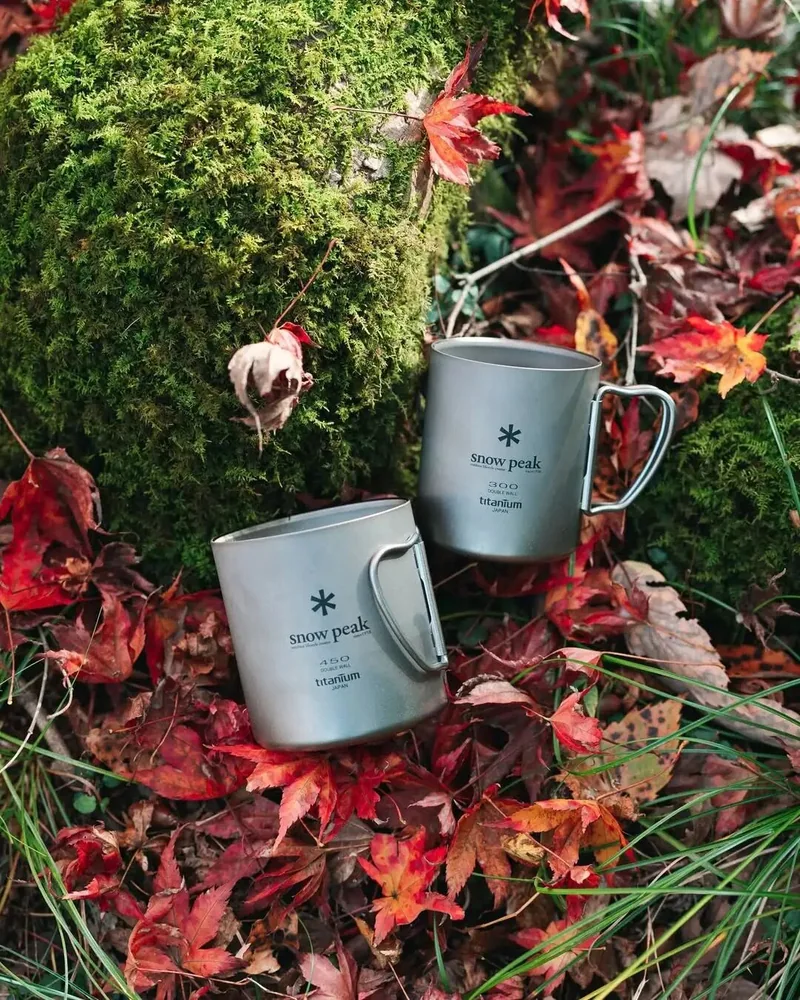 兩隻鈦杯擺放在紅葉之間