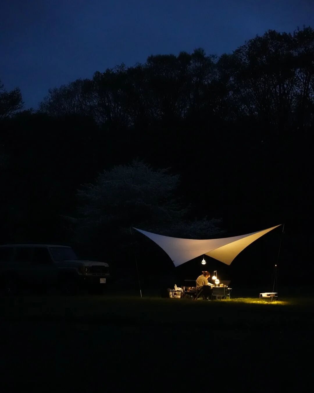 夜色中的营地以一盏 rove troupe 灯具照亮