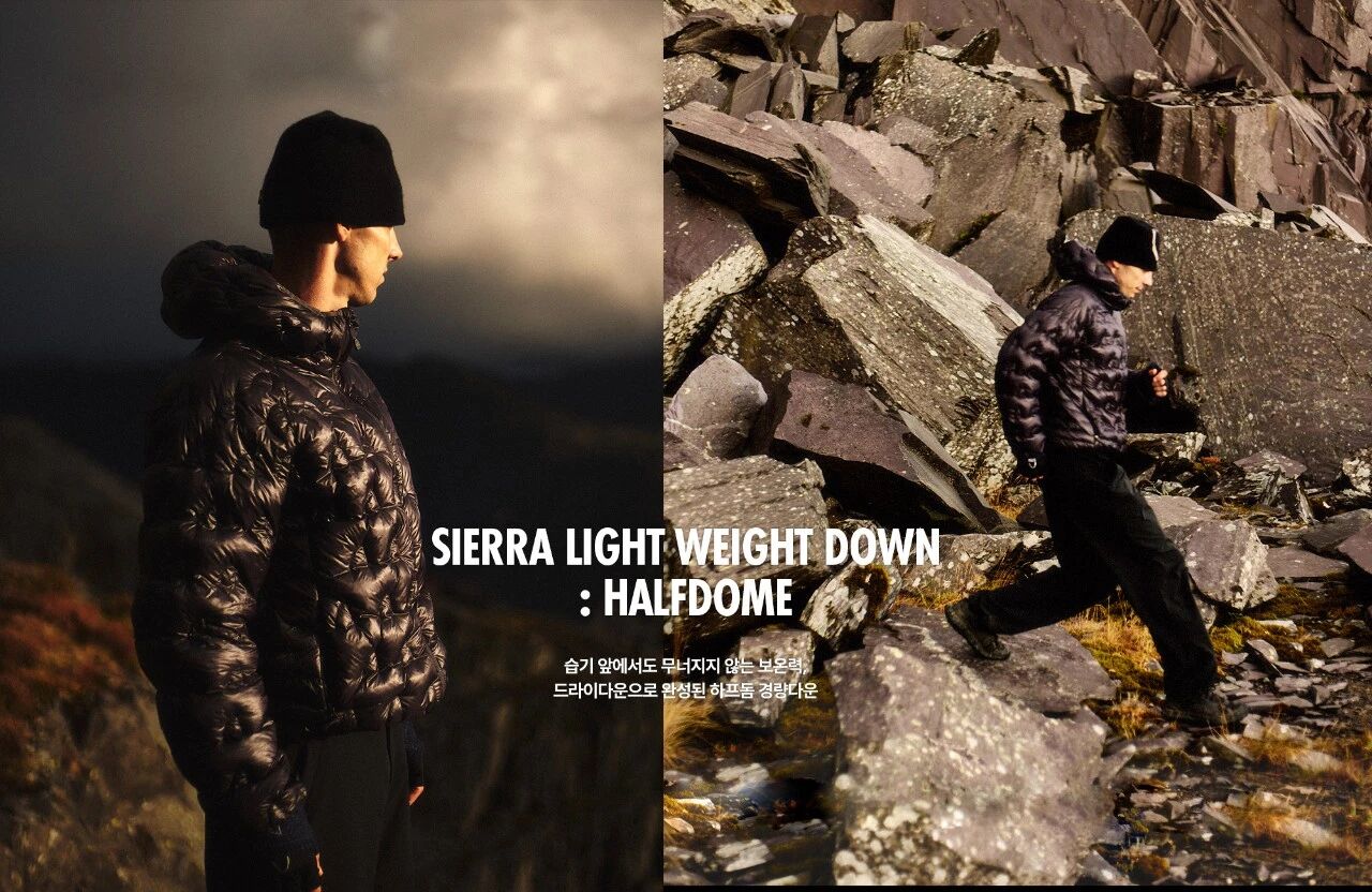 穿着 Sierra Designs Half Dome 羽绒服的人坐在岩石旁